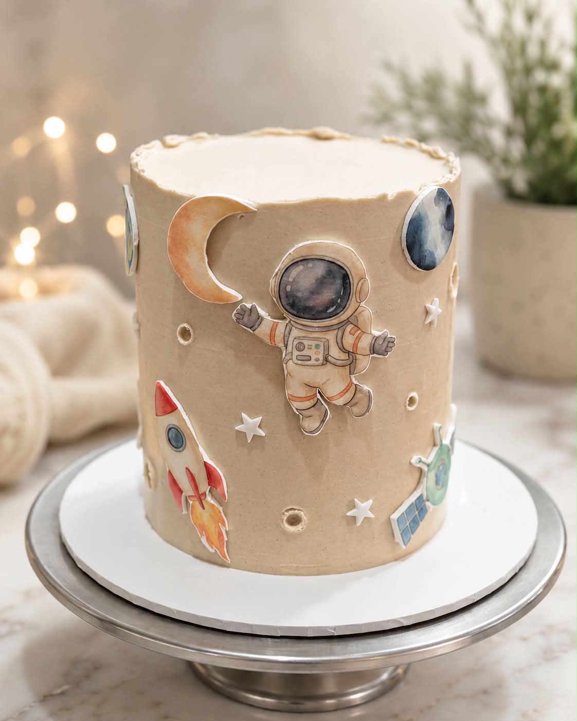 Space themed birthday cake with astronaut, rocket, planets and stars edible decorations on beige buttercream